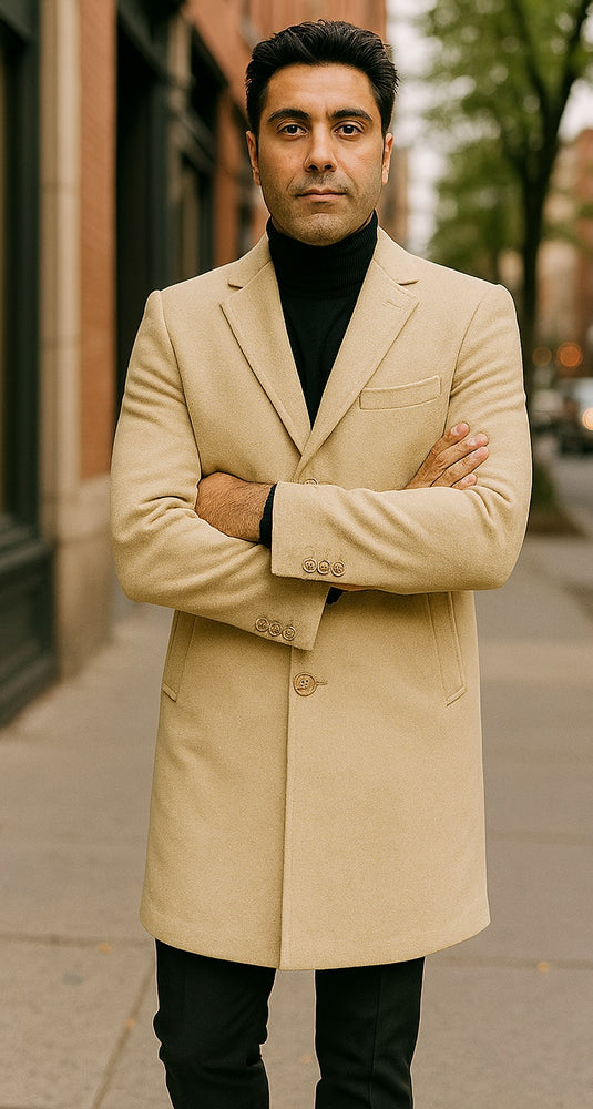 Mens Beige Wool Overcoat with Classic Notch Lapel and Single-Breasted Closure - Light Tan Sand Color