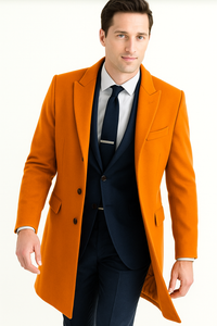 Mens Carcoat - Orange Three Quarter Peak Lapel Topcoat
