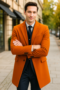 Mens Carcoat - Orange Three Quarter Peak Lapel Topcoat