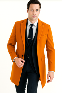 Mens Carcoat - Orange Three Quarter Peak Lapel Topcoat