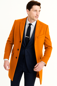 Mens Carcoat - Orange Three Quarter Peak Lapel Topcoat