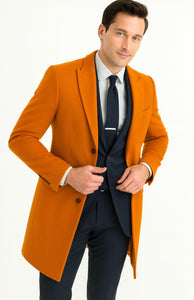 Mens Carcoat - Orange Three Quarter Peak Lapel Topcoat
