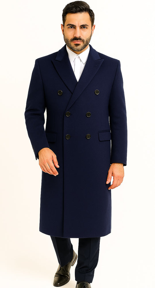 Mens Cashmere Blend Blue Coat Full Length - Cashmere Overcoat Blue / Coat Size 46