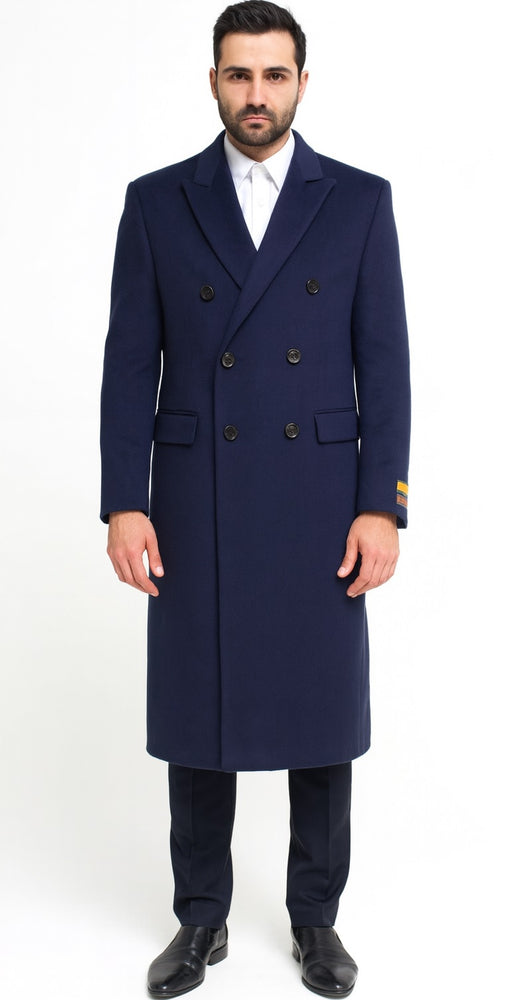 Mens Cashmere Blend Blue Coat Full Length - Cashmere Overcoat Blue / Coat Size 46
