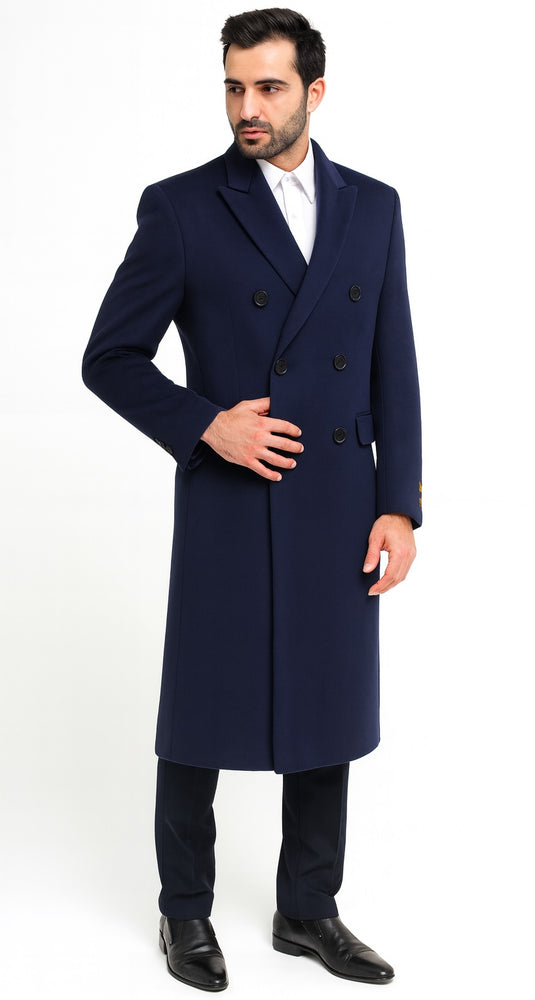 Mens Cashmere Blend Blue Coat Full Length - Cashmere Overcoat Blue / Coat Size 46