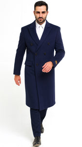 Mens Cashmere Blend Blue Coat Full Length - Cashmere Overcoat Blue / Coat Size 46