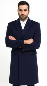 Mens Cashmere Blend Blue Coat Full Length - Cashmere Overcoat Blue / Coat Size 46