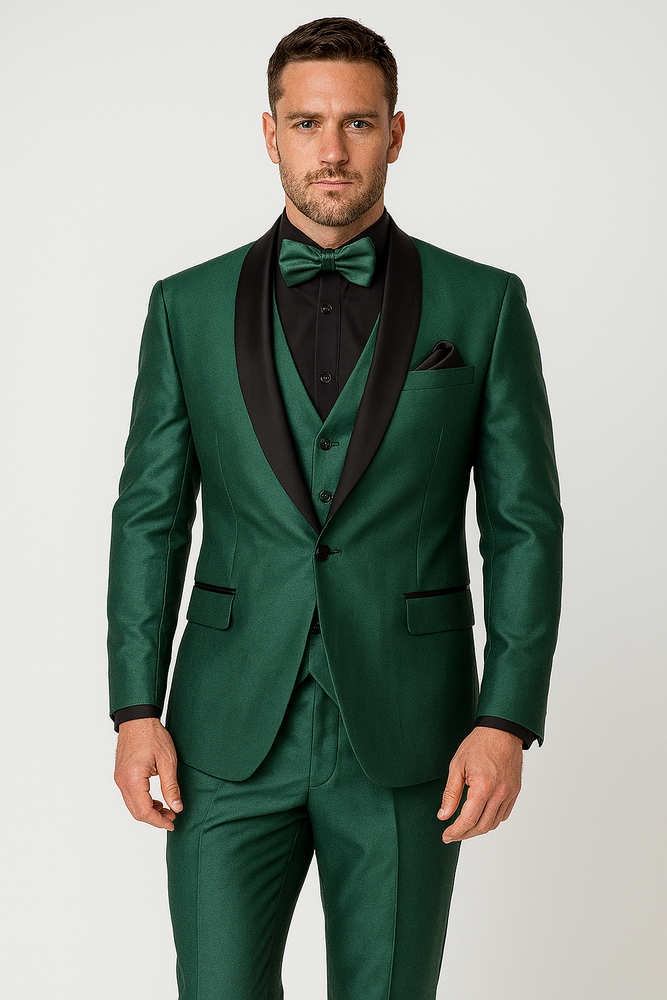Mens Emerald Green Tuxedo with Black Satin Shawl Lapel – 3 Piece Formal Suit with Vest