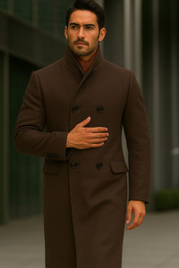 Mens Full Length Length Top Coat - Double Breasted Brown Herringbone