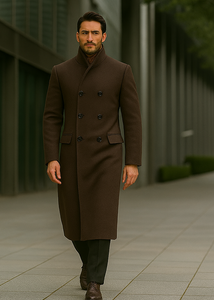 Mens Full Length Length Top Coat - Double Breasted Brown Herringbone