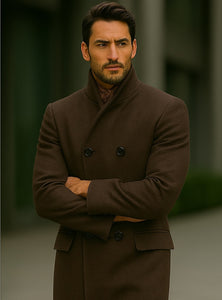 Mens Full Length Length Top Coat - Double Breasted Brown Herringbone