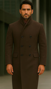 Mens Full Length Length Top Coat - Double Breasted Brown Herringbone