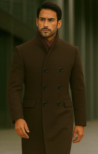 Mens Full Length Length Top Coat - Double Breasted Brown Herringbone