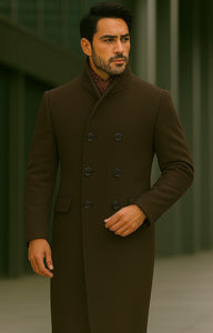 Mens Full Length Length Top Coat - Double Breasted Brown Herringbone