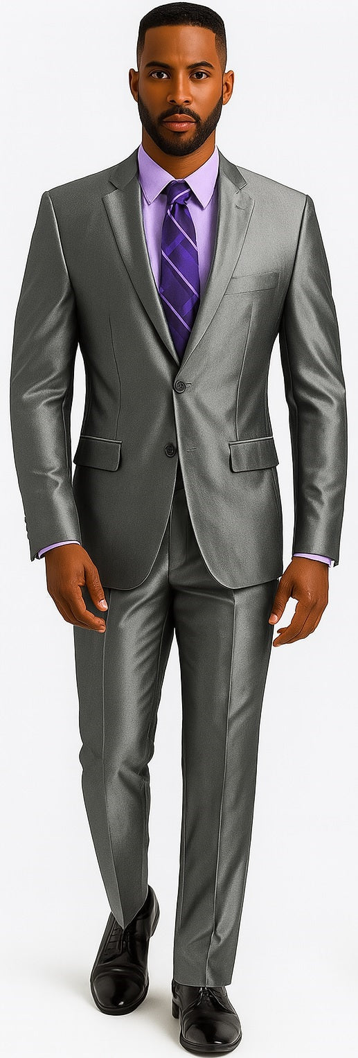 Mens Modern Fit Shiny Sharkskin Suit in Silver Grey