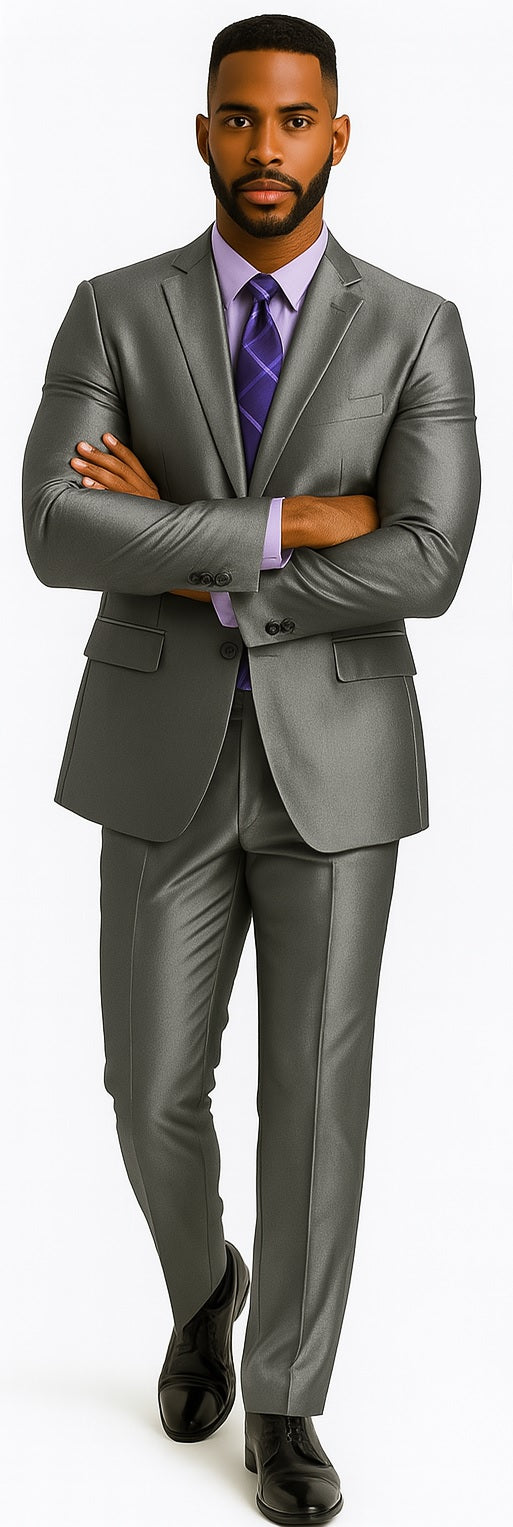 Mens Modern Fit Shiny Sharkskin Suit in Silver Grey
