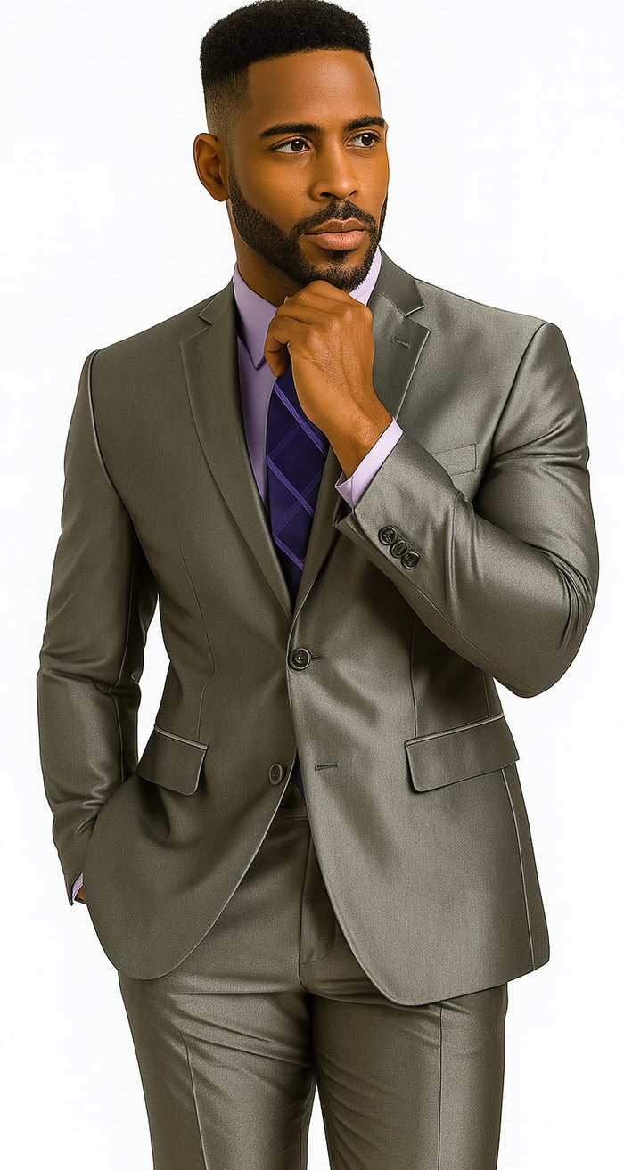 Mens Modern Fit Shiny Sharkskin Suit in Silver Grey