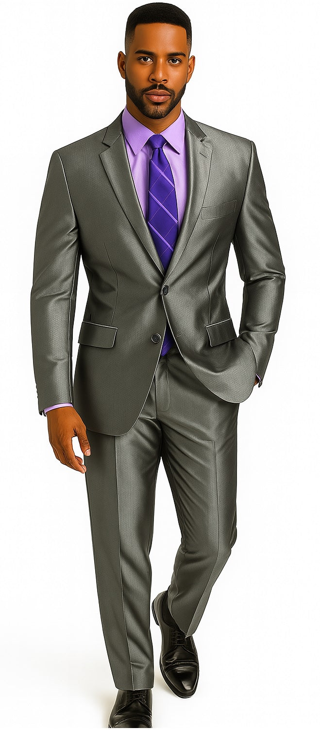 Mens Modern Fit Shiny Sharkskin Suit in Silver Grey