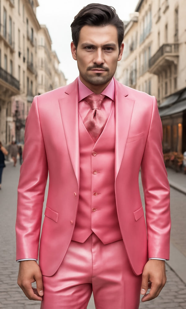 Mens Shiny Blazer - Rose Gold Sateen Vested Suit