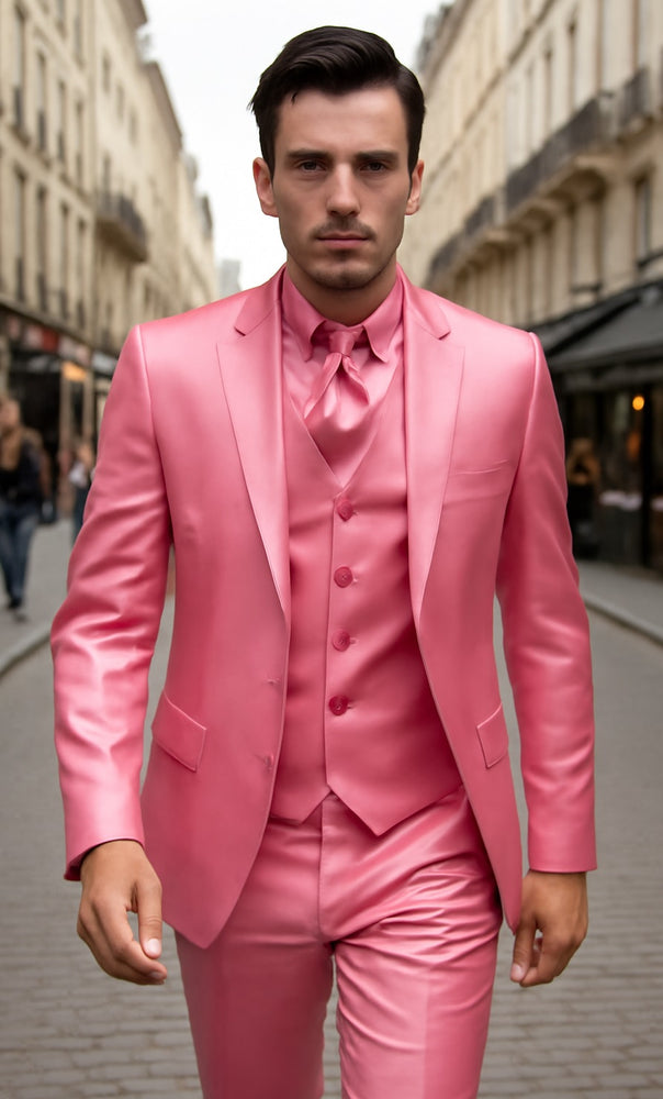 Mens Shiny Blazer - Rose Gold Sateen Vested Suit