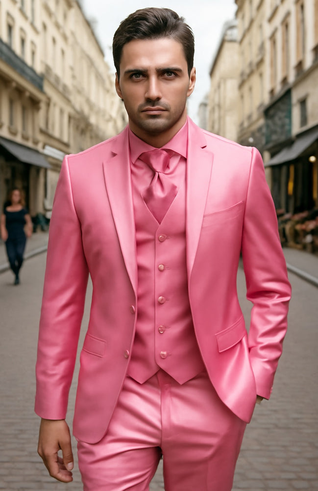 Mens Shiny Blazer - Rose Gold Sateen Vested Suit