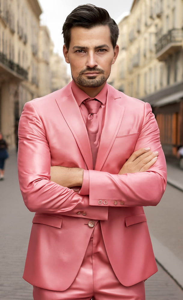Mens Shiny Blazer - Rose Gold Sateen Vested Suit