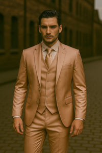 Mens Shiny Blazer - Tan Sateen Vested Suit