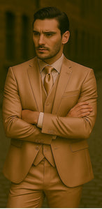 Mens Shiny Blazer - Tan Sateen Vested Suit