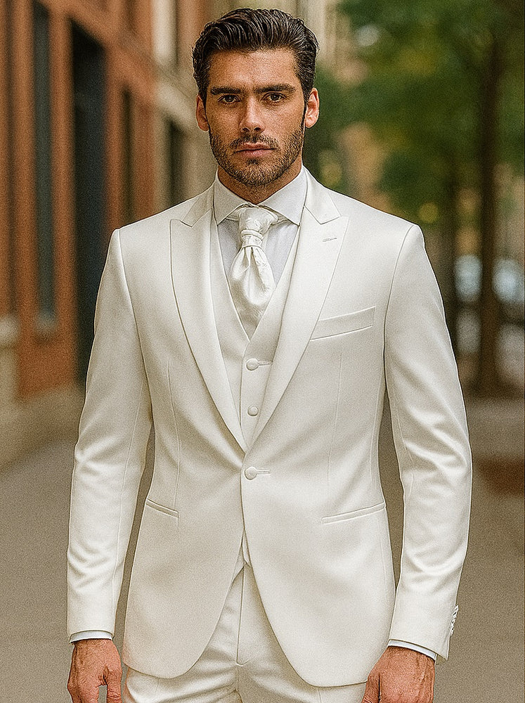 Mens Shiny Blazer - White Sateen Vested Suit