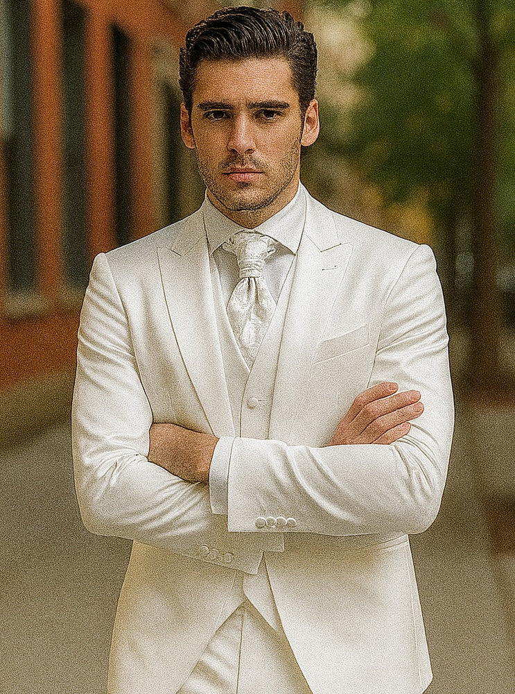 Mens Shiny Blazer - White Sateen Vested Suit