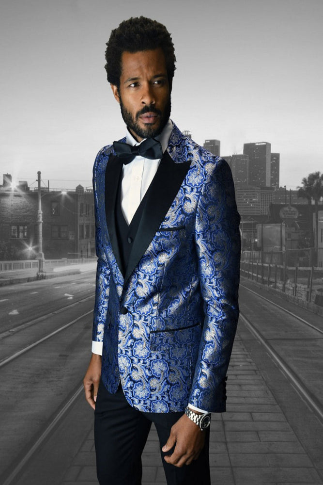 Mens Shiny Flower Pattern Paisley Tuxedo in Royal Blue