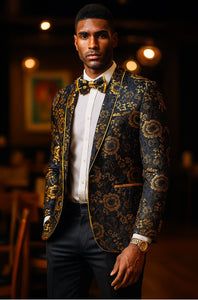 Mens Slim Fit Shawl Prom Blazer in Gold Flower Print