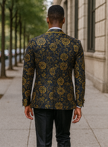 Mens Slim Fit Shawl Prom Blazer in Gold Flower Print