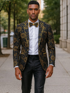 Mens Slim Fit Shawl Prom Blazer in Gold Flower Print