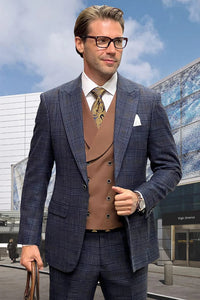 Mens Designer Wool Vested Midnight Blue Glen Plaid Suit