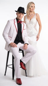 Men’s White and Black Pinstripe Zoot Suit, High Waist Formal Party Tuxedo Suit