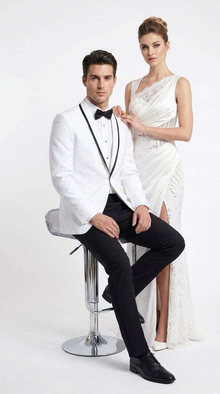Men’s White Prom Tuxedo Suit with Black Trim, White Wedding Tuxedo for Prom, Groom & Formal Events