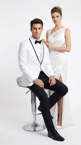 Men’s White Prom Tuxedo Suit with Black Trim, White Wedding Tuxedo for Prom, Groom & Formal Events