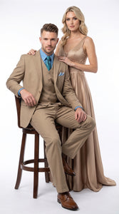 Men’s Tan 3 Button Classic Fit Vested Suit, Formal Wedding Business Dress Suit