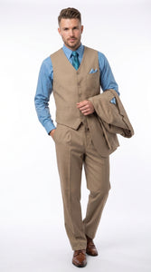 Men’s Tan 3 Button Classic Fit Vested Suit, Formal Wedding Business Dress Suit
