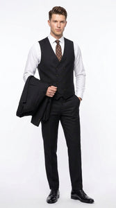Men’s Black Wool Suit with One Button Peak Lapel Jacket and Double Breasted Vest