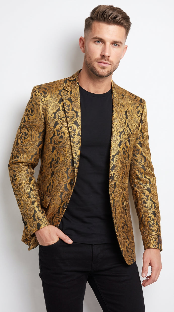 Men’s Gold Dinner Blazer, Baroque Paisley Formal Party Sport Coat