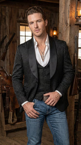 Men’s Black Paisley Jacquard Blazer, Satin Shawl Lapel Western Formal Designer Jacket