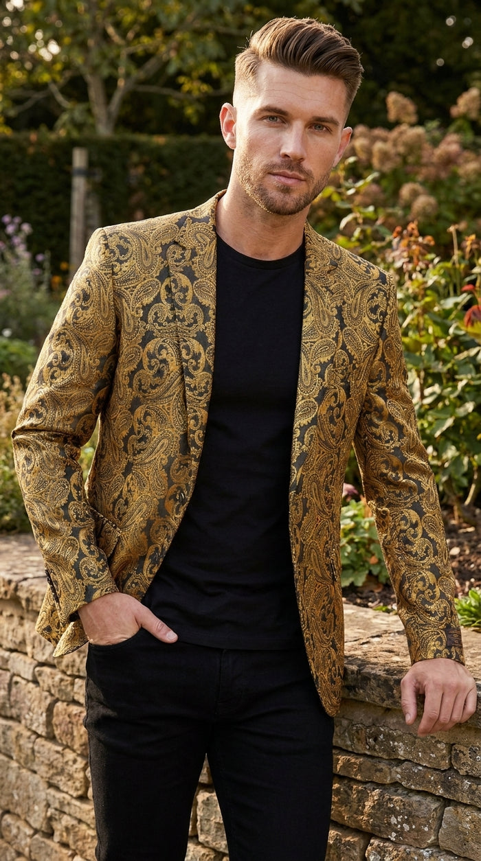 Men’s Gold Dinner Blazer, Baroque Paisley Formal Party Sport Coat
