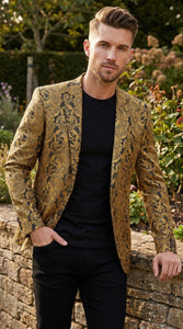 Men’s Gold Dinner Blazer, Baroque Paisley Formal Party Sport Coat