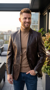 Zacchi Men’s Brown Crocodile Print Leather Feel Blazer, Italian Cut 2 Button Big and Tall Jacket