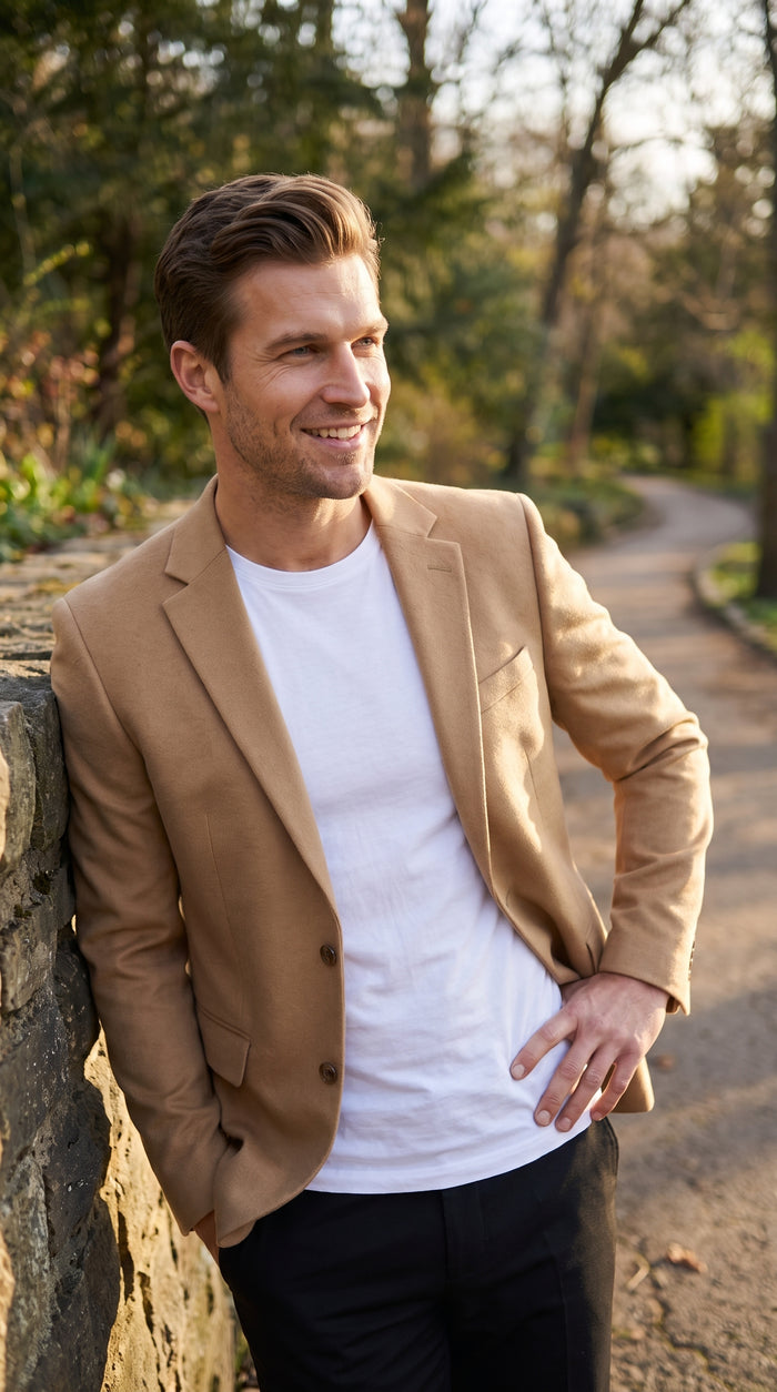 Men’s Camel Hair 2 Button Sport Coat, Classic Vent Blazer for Business and Casual Wear