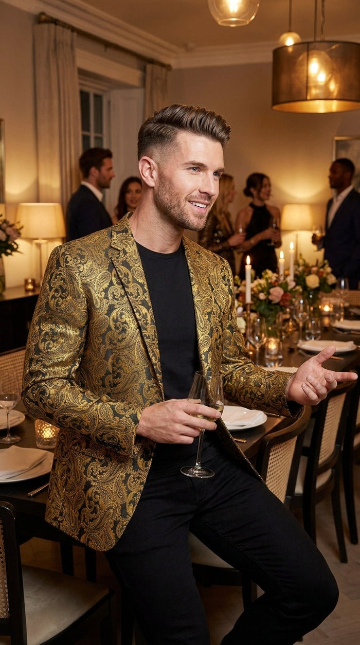 Men’s Gold Dinner Blazer, Baroque Paisley Formal Party Sport Coat