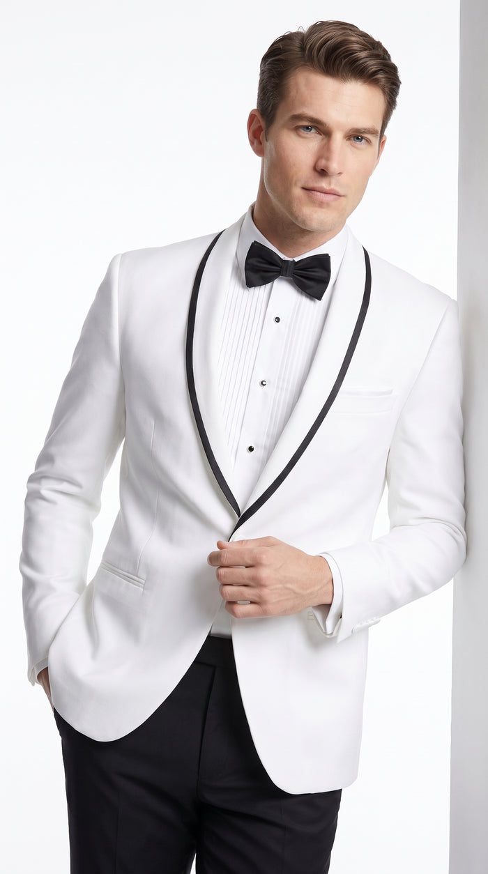 Men’s Designer White Dinner Jacket with Black Trim, Traditional Formal Wedding Prom Tuxedo Blazer