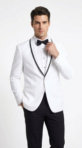 Men’s White Prom Tuxedo Suit with Black Trim, White Wedding Tuxedo for Prom, Groom & Formal Events